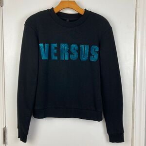 Versus Versace Women Black Sweatshirt Crewneck‎ Pullover Velour Logo Luxury sz S